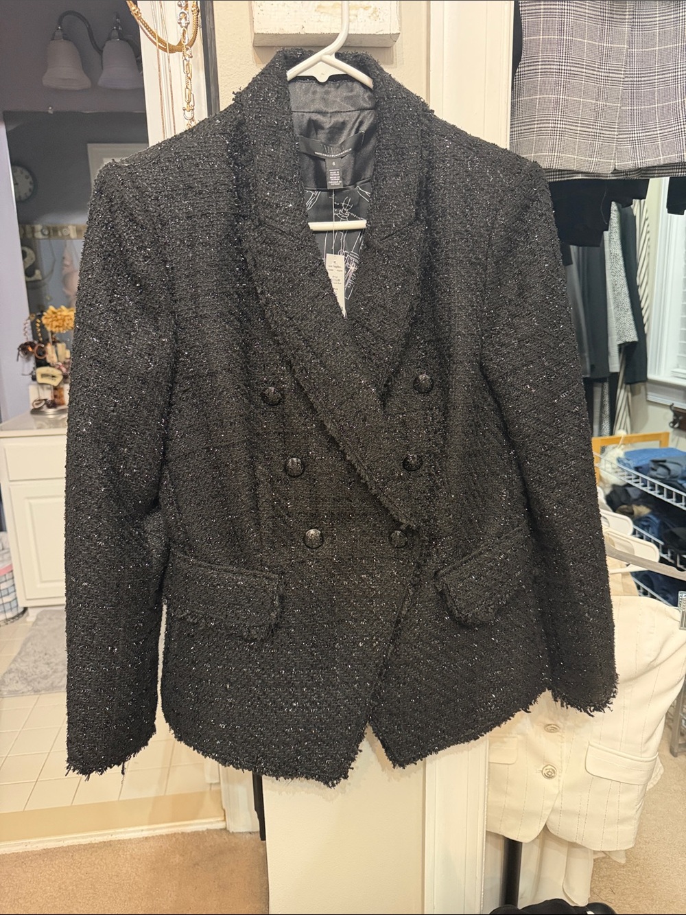 White House Black Market Black Tweed Double-Breasted Shawl Collar Blazer